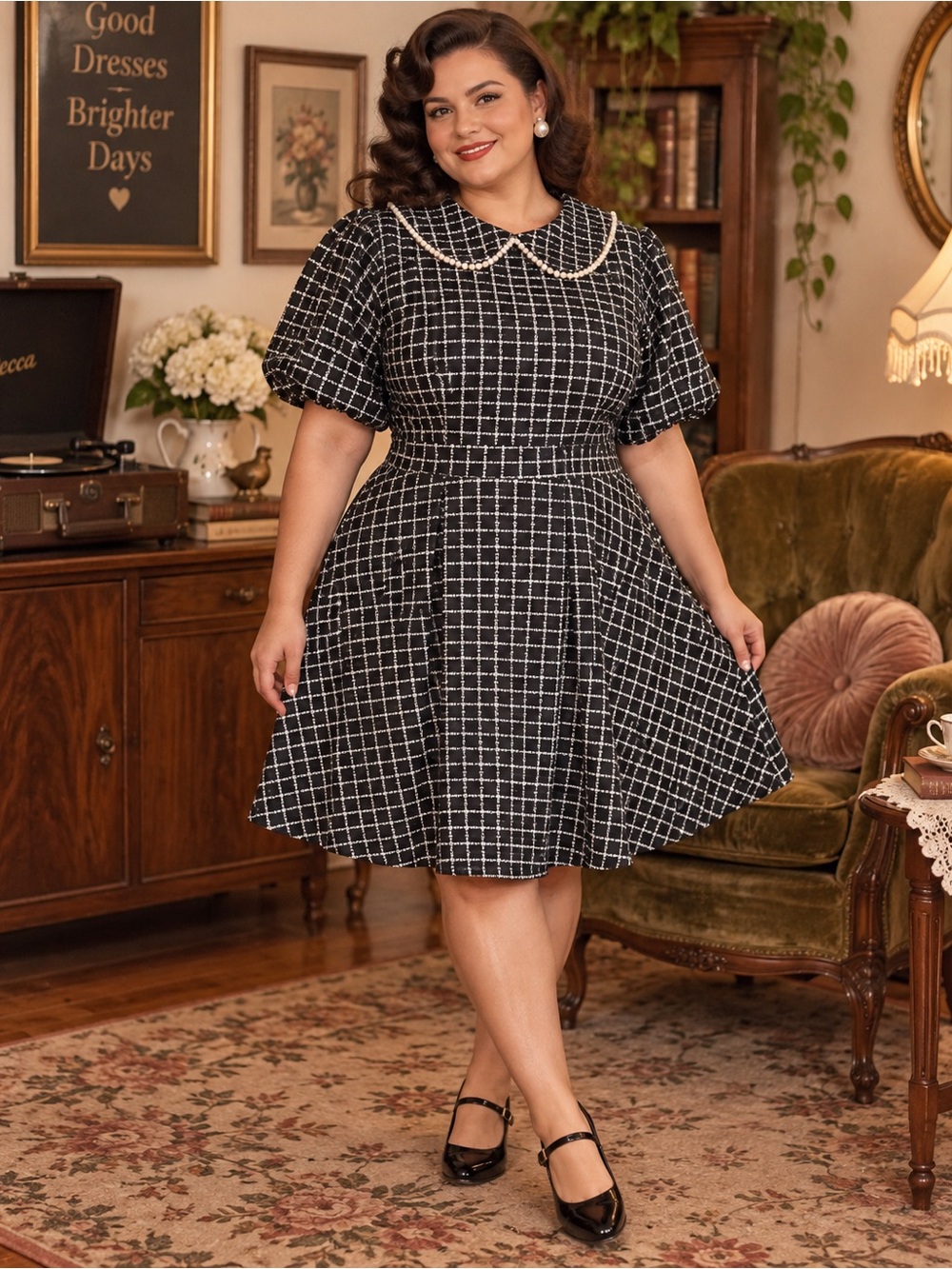 Ivy City Co Celine Dress 1X Black White Tweed Pearl Collar Puff Sleeve modest